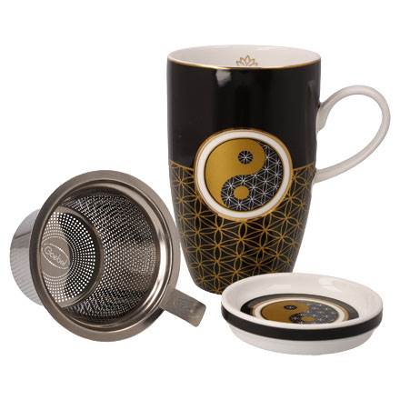 Goebel Lotus Teetasse mit Deckel und Sieb Yin Yang schwarz